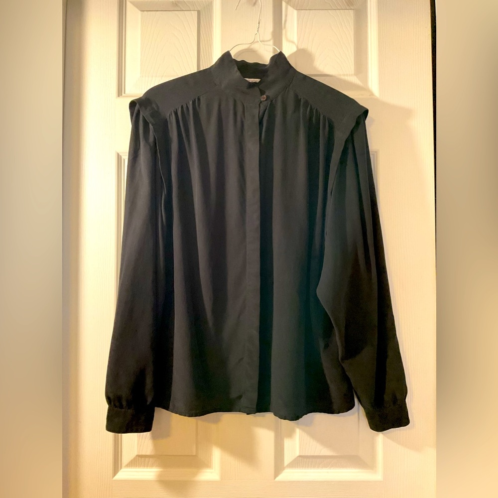 Black silk blouse button shirt 1 ruffle on shoulders 9/10